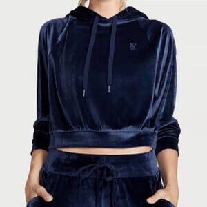 Victoria's Secret On Point Size Xl Navy Blue Ribbed Velour Cropped Hoodie Velvet
